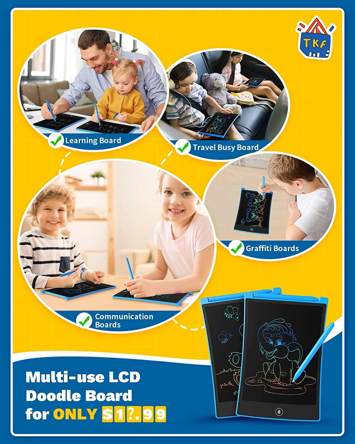 TEKFUN 2 Pack LCD Writing Tablet with 4 Stylus , 8.5in Erasable Doodle Board Mess Free Drawing Pad for Kids - Mytekfun