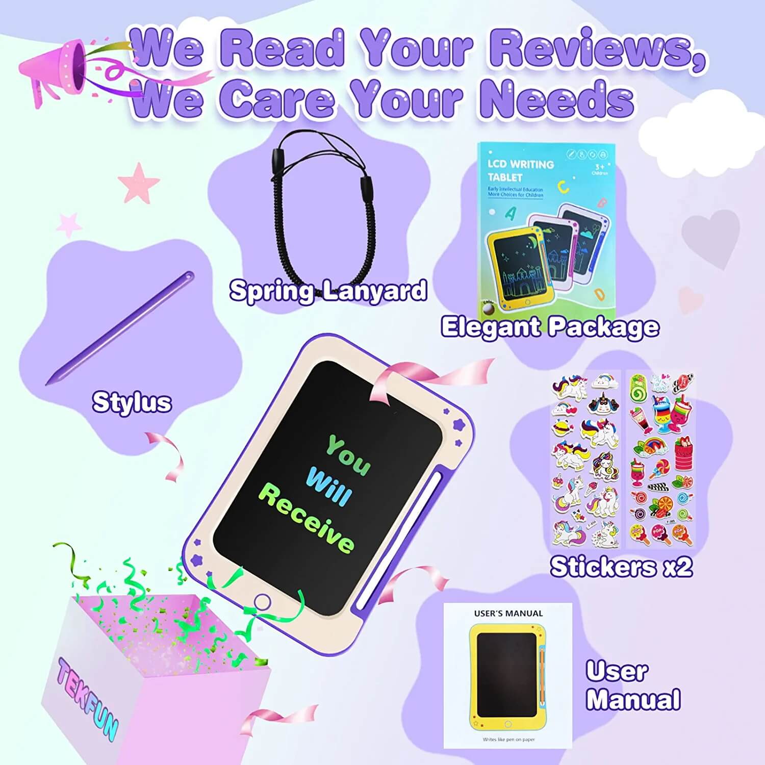 TEKFUN LCD Writing Tablet for Kids, Decorate Your Own Doodle Board with Cute Stickers, 8.5inch Colorful Drawing Board - Mytekfun