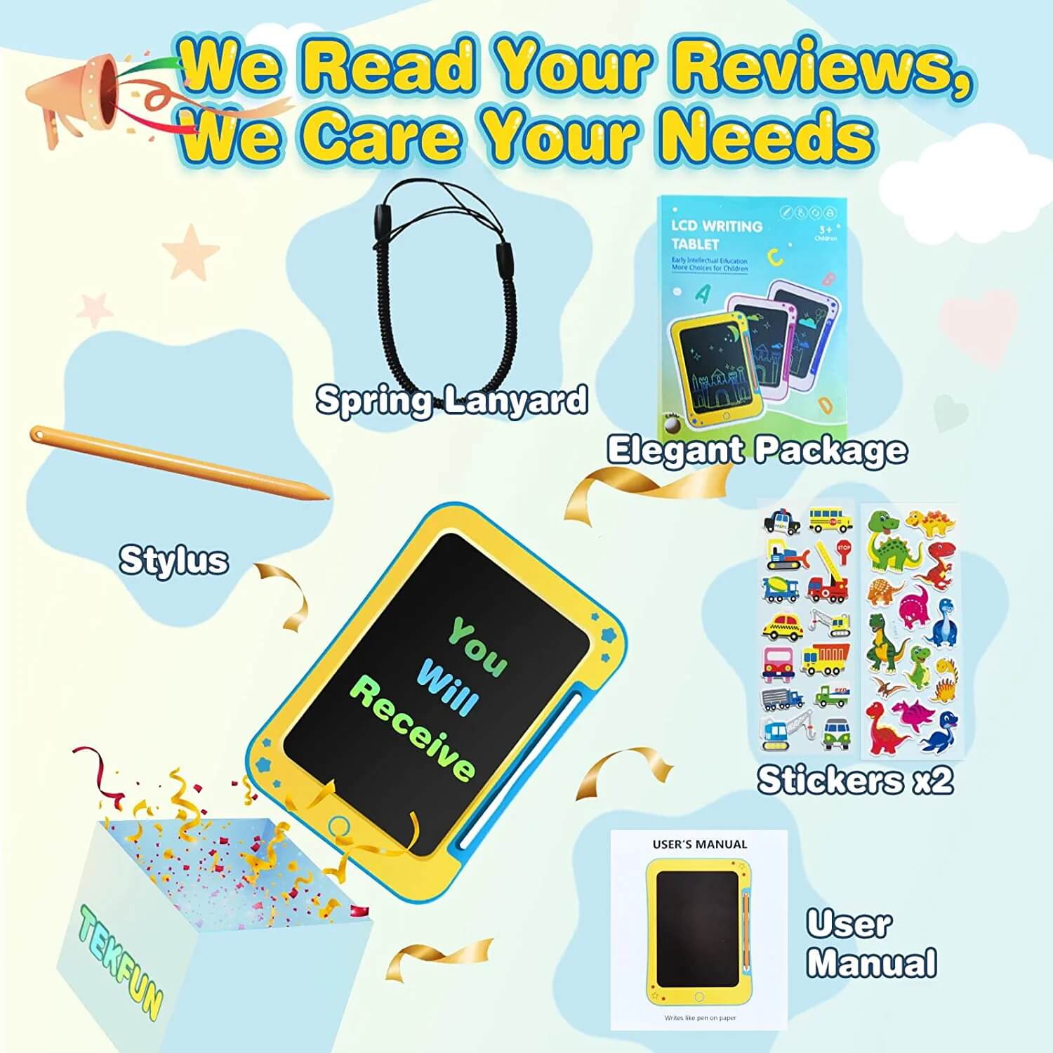 TEKFUN LCD Writing Tablet for Kids, Decorate Your Own Doodle Board with Cute Stickers, 8.5inch Colorful Drawing Board - Mytekfun