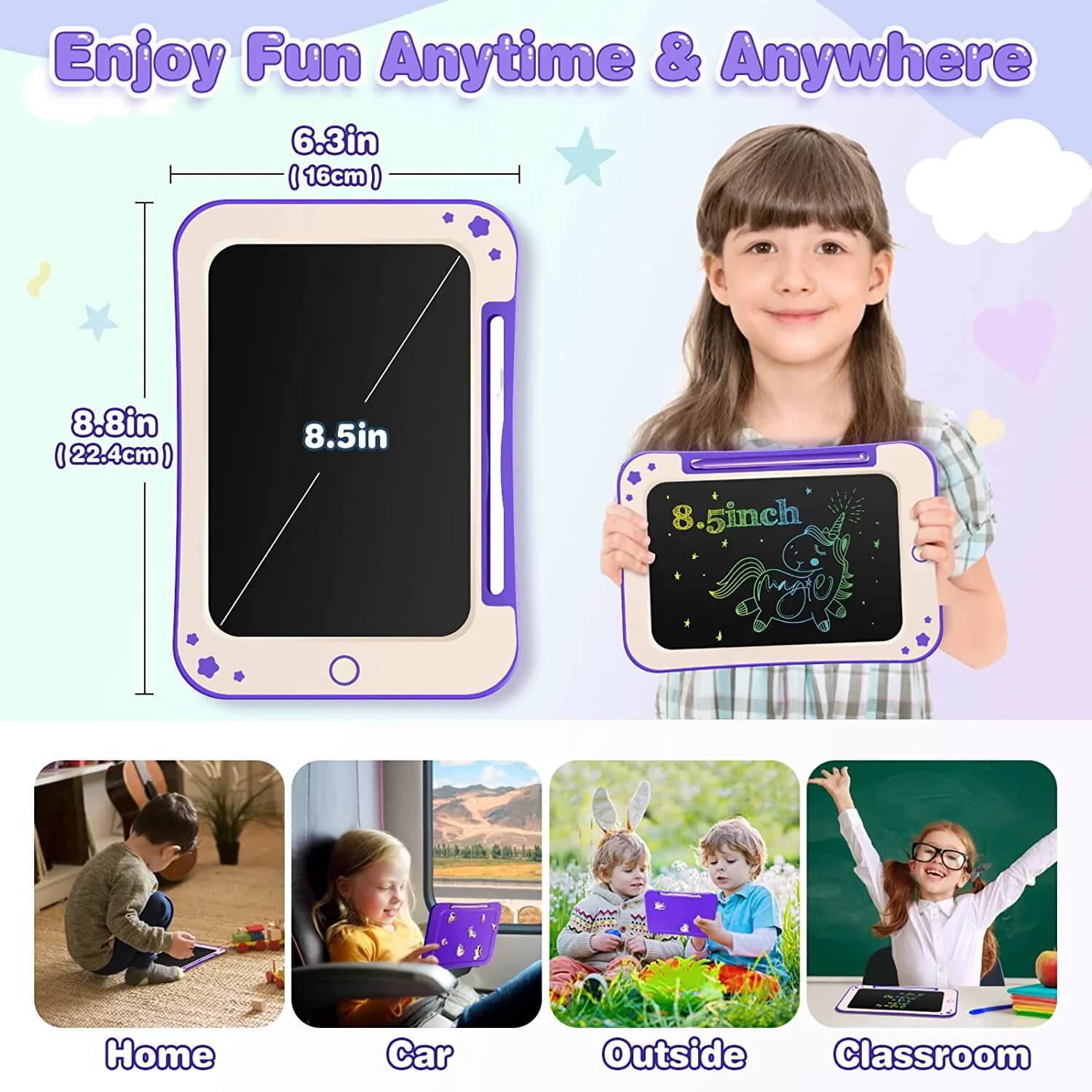 TEKFUN LCD Writing Tablet for Kids, Decorate Your Own Doodle Board with Cute Stickers, 8.5inch Colorful Drawing Board - Mytekfun