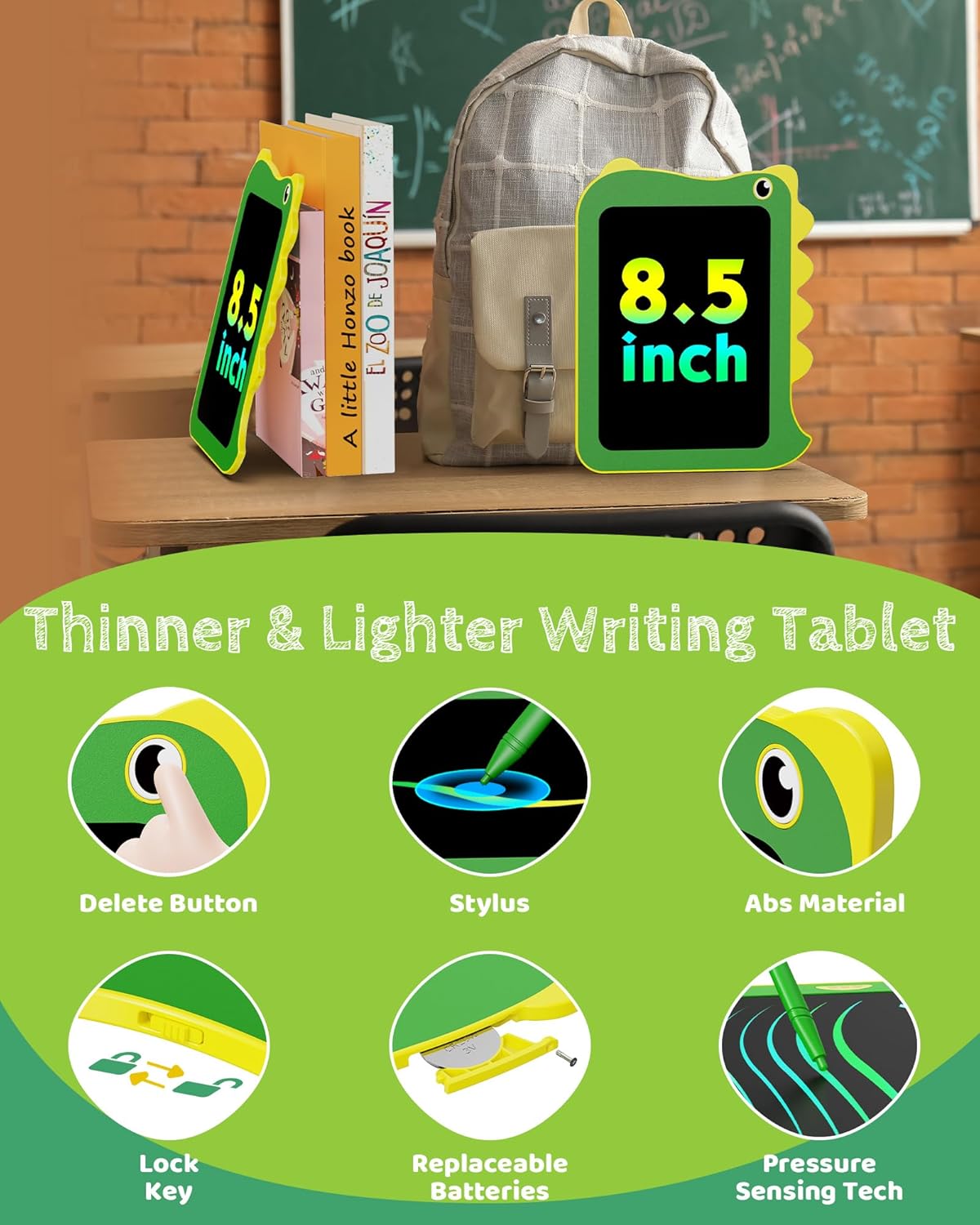LCD Writing Tablet for Kids, Doodle Board Drawing Pad, Dinosaur Toys for Kids, Travel Toys for 3 4 5 6 Year Old Boys Girls, Easter Birthday Christmas Gift (8.5in Green)